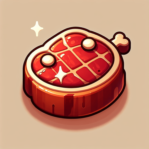 An animated image of a delicious meat.
Single Game Texture. In-Game asset. 2d. Blank background. High contrast. No shadows.