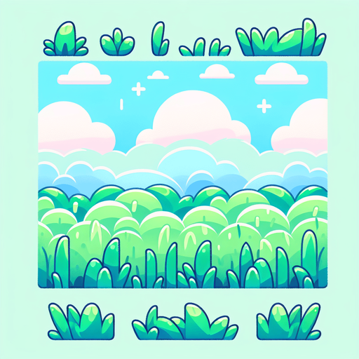 kawaii style grass feild backdrop.
Single Game Texture. In-Game asset. 2d. Blank background. High contrast. No shadows.