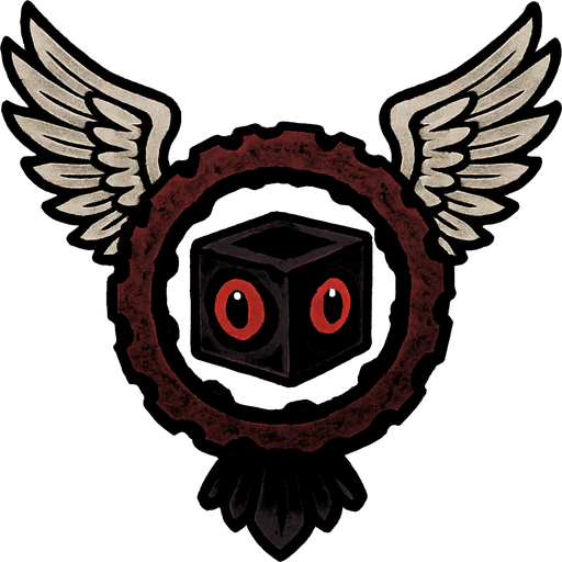 Alas: Tiene un par de grandes alas emplumadas de color gris claro o blanco, similares a las de un ángel o un grifo, que se extienden prominentemente hacia los lados.

Aro dentado/rueda: En el centro del ser hay un gran aro o rueda de color oscuro, posiblemente marrón rojizo o burdeos, con una textura rugosa o dentada, como si estuviera hecho de metal corroído o material orgánico. Este aro tiene aberturas o huecos irregulares a lo largo de su perímetro.

Cubo central: Dentro del aro, hay un objeto cúbico, de apariencia más pequeña que el aro, de color oscuro (posiblemente negro o morado muy oscuro). En cada una de las caras visibles de este cubo hay lo que parecen ser ojos rojos brillantes con pupilas oscuras, lo que le da un aspecto vigilante o inquietante..
In-Game asset.  2d.  High contrast.  No shadows