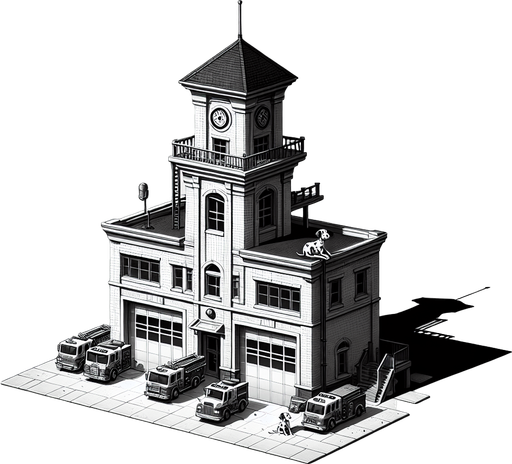 firestation.
Single Game Texture.  In-Game asset.  2d.  Blank background.  High contrast.  No shadows