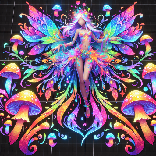 A whimsical fairy girl adorned in vibrant psychedelic colors, seamlessly blending with an array of fantastical mushrooms. Her ethereal form radiates a kaleidoscope of neon hues, creating a mesmerizing aura that dances with every movement. Mushrooms of various shapes and sizes adorn her attire and surroundings, adding an otherworldly charm to her enchanting presence.
Single Game Texture. In-Game asset. 2d. Blank background. High contrast. No shadows.