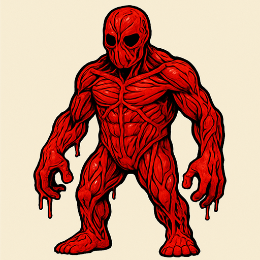 Kırmızı kasları ve damarları gözüken slime ama çok değil az gözüken damarları.
In-Game asset.  2d.  High contrast.  No shadows elleri ayakları var kırmızı sinirli insan boyunda kısa değil