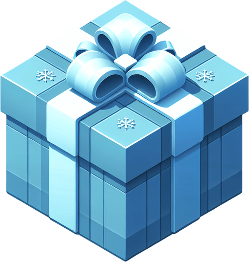 A big light blue decorated christmas gift, isometric view Single Game Texture. In-Game asset. 2d. Blank background. High contrast. No shadows.