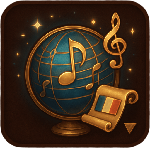 Design an icon for a Language selection button in a fantasy tower defense game set in a magical concert hall. The icon should combine a classic globe symbol with musical or magical elements to reflect the game's unique theme.

Main symbol: a stylized globe with subtle music note engravings on the surface or longitude/latitude lines formed from staff lines (like a musical sheet).
Optional elements: a floating treble clef, sparkles, or an open scroll representing language or translation.

Use elegant gold, bronze, or blue tones, with a soft magical glow.
The background should be subtle—velvet, dark wood, or parchment-like texture.

Icon must be square (256×256 px), readable at small sizes, and must not include text.
Optional: provide a state where a small flag symbol or dropdown arrow appears to suggest language selection.

Style: refined, orchestral fantasy UI—fitting the atmosphere of a haunted concert hall with magical elegance..
In-Game asset.  2d.  High contrast.  No shadows
