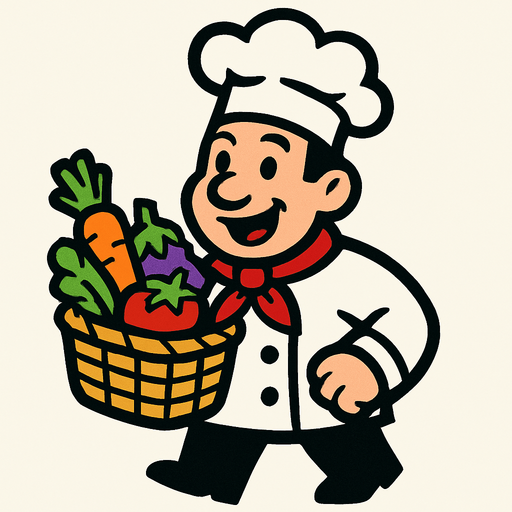 Chef con una cesta en la mano.
In-Game asset.  2d.  High contrast.  No shadows