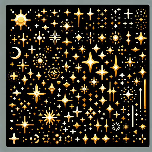 A sprite sheet of different golden sparkles..
Single Game Texture. In-Game asset. 2d. Blank background. High contrast. No shadows.