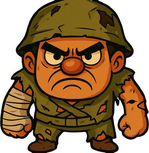 elbisesi ve şapkası yırtılmış kolu sargıda