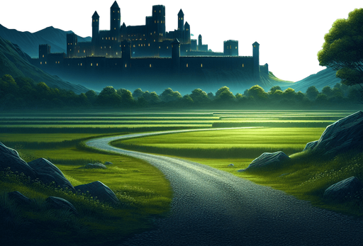 2d classic landscape. night sky .horizontaly soil surface road.  far distance meadow wit dark green meadow and epic medieval city.
Single Game Texture.  In-Game asset.  2d.