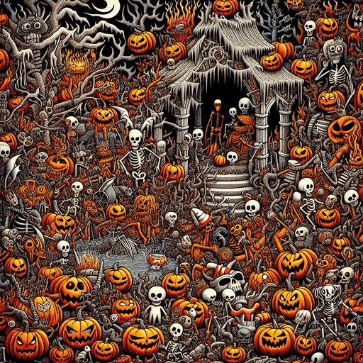 Generate a high quality cartoon background Halloween image on a black canvas similar to the format of where is waldo with a hellish environment filled with pumpkins.
Single Game Texture. In-Game asset. 2d. Blank background. High contrast. No shadows.