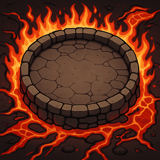 bird's eye view of a round rocky arena surrounded by flames decorated with red lava.
In-Game asset.  2d.  High contrast.  No shadows