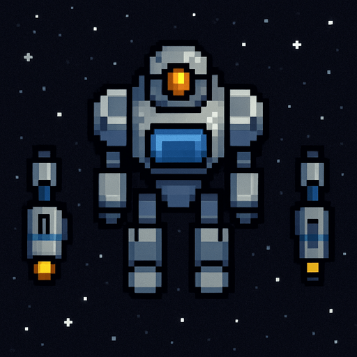 Пиксельный робот видо с верху космический без рук отдельно части тела и две от дельные пушки пиксели и космос.
In-Game asset.  2d.  High contrast.  No shadows