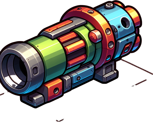 Type: 2D sprite (top-down or side view).
Style: Cartoonish or futuristic metallic cannon. colorful mixed colors
Animation: Slight recoil effect when shooting.
Size: Medium (fits at the bottom of the screen)..
Single Game Texture.  In-Game asset.  2d.  Blank background.  High contrast.  No shadows