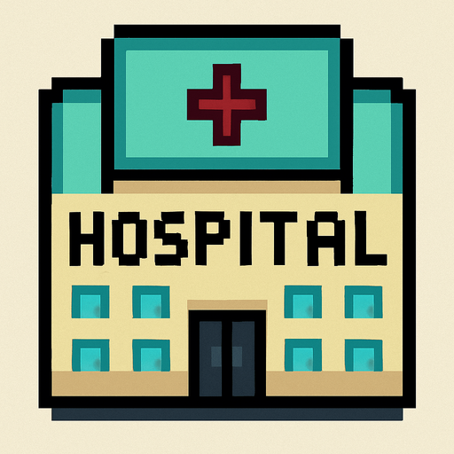 Hospital building 2d pixilated topdown.
In-Game asset.  2d.  High contrast.  No shadows