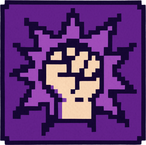 Pixel art of a purple power-up icon with a spiked fist symbol or explosion inside. Represents bonus attack damage in a retro game.
In-Game asset.  2d.  High contrast.  No shadows