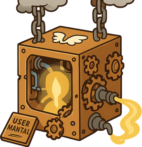 A cubish machine that has an angel inside of it that absorbs the angels power but you can't see the angel and the power that comes from the angel is moved by pipes that is on the left side of the machine that comes to the front side and sprays there. On the bottom left side there is an user manual and the machine has cogwheels everywhere. It is hanging from the chains that comes down from the heaven. The chains comes above from clouds. The machine has a double angel wing symbol on the top side. No background. Transparent background. Blank background. No shadows. 2d. In-Game asset. flat