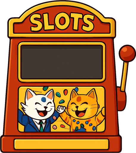 A slots machine with the word Slots at the top. The section where the reels should be is a big empty rectangular window. Underneath that window have a smaller graphic of the cats from this picture throwing chips into the air as a picture on the face of the slots machine. Like they’ve won a jackpot. Include the part where the buttons are, but have that part blank with no buttons. Background behind the image is white.