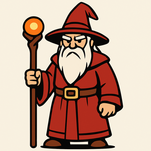 a wizard with a red dress, a hat, a long white beard and his whole body.
In-Game asset.  2d.  High contrast.  No shadows
