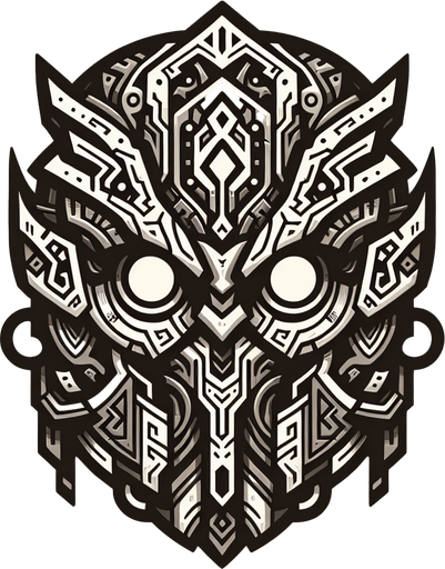 An imposing, ornate tribal mask or helmet, perhaps with glowing eyes or runic carvings..
Single Game Texture.  In-Game asset.  2d.  Blank background.  High contrast.  No shadows