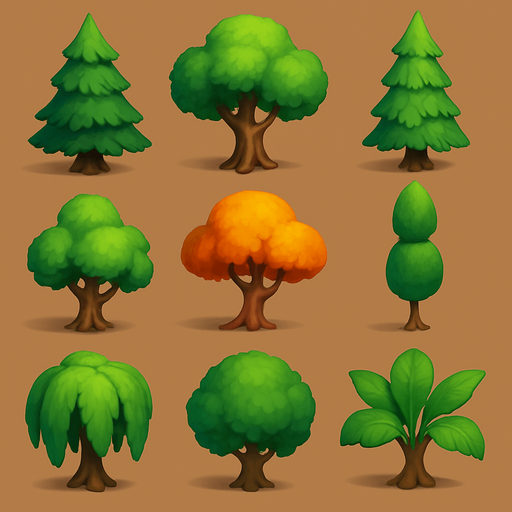 Pack of different tree, painted 3D tree, without black lines around it!
In-Game asset.  High contrast.  No shadows. 3D