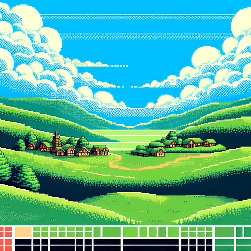 A 16 bit pixel art horizon line of a pastural hobbit village. A beautiful verdant village in the distance with rolling hills and blue skies.
Single Game Texture. In-Game asset. 2d. Blank background. High contrast. No shadows.