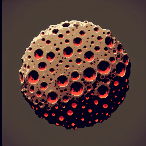 create a brown asteroid with red holes.
Single Game Texture.  In-Game asset.  2d.  Blank background.  High contrast.  No shadows