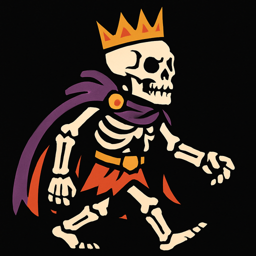 ölümsüz kemikler kralı sağdan sola yürüyor gibi.
In-Game asset.  2d.  High contrast.  No shadows