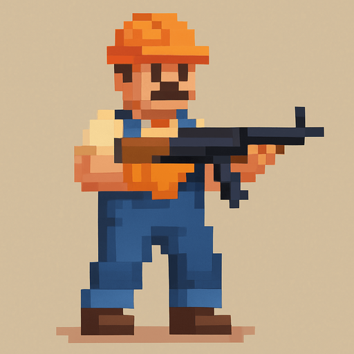 un hombre obrero hecho con pixeles de cuerpo completo sosteniendo un arma