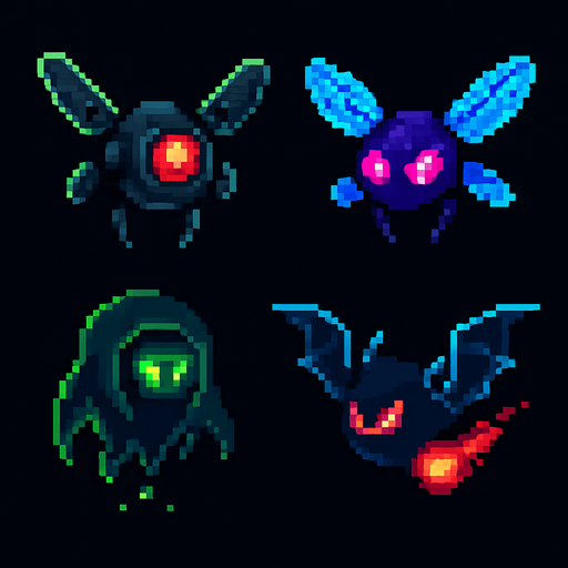 Crea enemigos voladores estilo pixel art, ideales para un juego de plataformas retro. Deben flotar o volar sobre el jugador, con movimientos suaves o erráticos. Pueden tener alas mecánicas, alas de insecto, o simplemente levitar con energía. Que se vean amenazantes, pero simples de animar.

Pueden tener:

Ojos brillantes o un solo ojo (tipo dron o criatura mágica).

Colores oscuros o neón, para resaltar en niveles digitales o de noche.

Algunos pueden disparar proyectiles, otros solo hacen daño al contacto..
In-Game asset.  2d.  High contrast.  No shadows