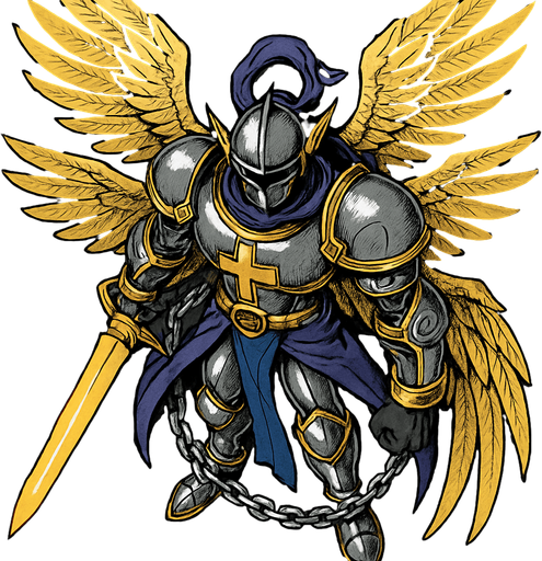 MagnaAngemon, visto desde arriba, calidad y detalles altamente épicos..
In-Game asset.  2d.  High contrast.  No shadows