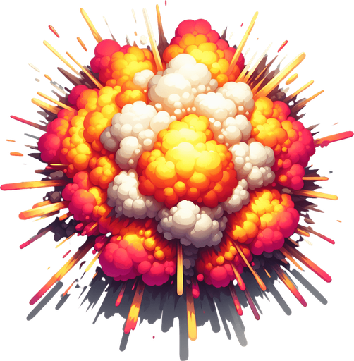 A realistic looking explosion, viewed from above. Bright coloured fire
Single Game Texture. In-Game asset. 2d. Blank background. High contrast. No shadows.