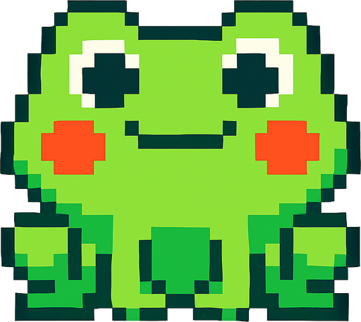La rana debe ser un personaje simpático de color verde brillante, con ojos grandes y expresivos que miran al frente, mejillas redondeadas y una sonrisa divertida; su cuerpo debe ser compacto y ligeramente ovalado, con patas traseras marcadas pero no exageradas, diseñada en estilo pixel art, y puede tener una pequeña animación de parpadeo o un leve rebote para darle vida; el fondo debe ser transparente y el estilo visual debe coincidir con un juego colorido y casual..
In-Game asset.  2d.  High contrast.  No shadows
