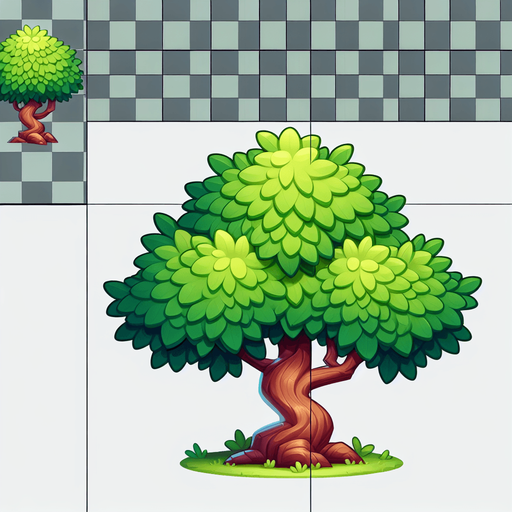 cartoony art style single tree.
In-Game asset.    Blank background.  High contrast.