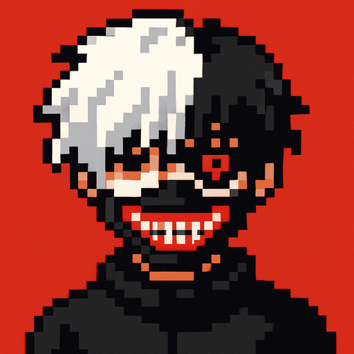KANEKİ PİXEL ART GHOUL.
In-Game asset.  2d.  High contrast.  No shadows