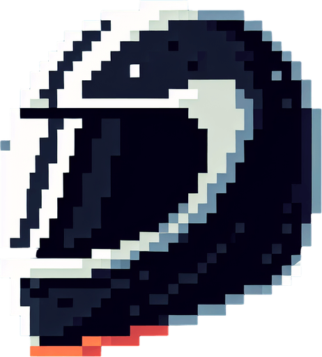 profile  view of an empty motorcycle helmet. black with a white vertical central band and another thiner orange band on the center.
NOT PERSPECTIVE!. Pixel art high definition