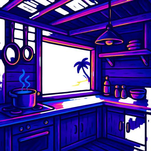 Inside the kitchen of a small wooden shack restaurant, looking out over the counter onto a beach view with long gradual gradients. No people inside or on the beach.