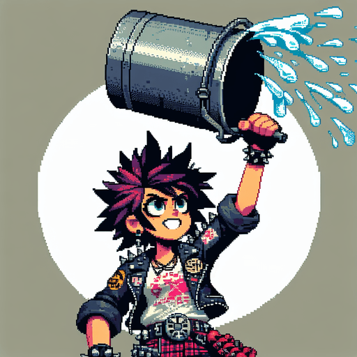 8 bit girl with wild hair holding up a  big bucket above her head to catch water, punk rock, main character.
Single Game Texture. In-Game asset. 2d. Blank background. High contrast. No shadows.