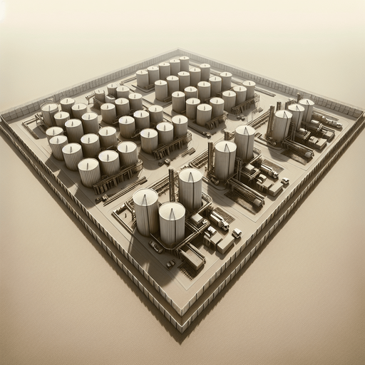 Simple Spice Refinery with silos and a rectangular fence..
Zenith view Directly overhead. Plumb view.