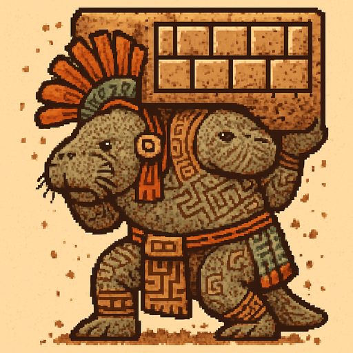 Generame un guerrero azteca con patrones, estilo pixelar, además será un animal manati con efectos de tierra, cargando un enrome muro. gigante.
In-Game asset.  2d.  High contrast.  No shadows