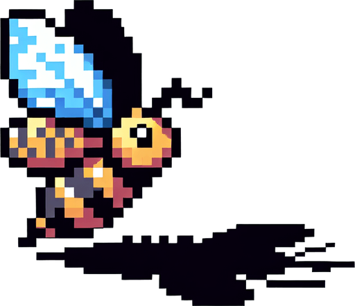 genera una abeja con alas de mariposa en pixel art solo de perfil mirando a la izquierda.
Single Game Texture.  In-Game asset.  2d.  Blank background.  High contrast.  No shadows