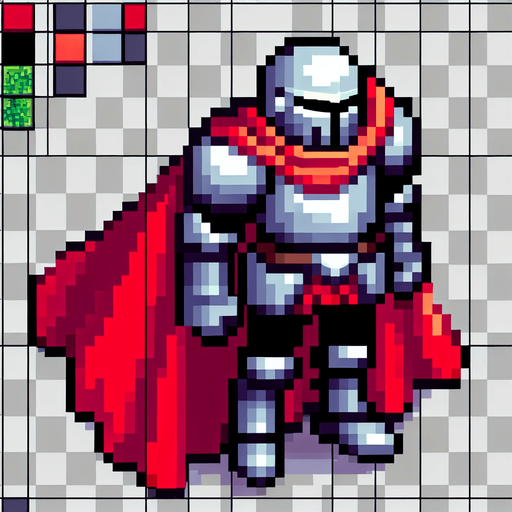 A pixelated 2D knight character sprite viewed from directly above, wearing silver armor and a red cape. The character is simplified to basic shapes - a circular body with rectangular shoulder plates. The cape extends behind the character. Clean pixel art style with no shading, designed for top-down gameplay..
Single Game Texture. Top-down view. Pixel art. Game character sprite. 32x32 pixels. Transparent background. 2D game asset. Clean edges. No anti-aliasing. High contrast colors. Character centered.