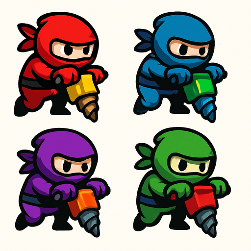 Different frames of a ninja digger, different colors, HD colors.
In-Game asset.  2d.  High contrast.  No shadows