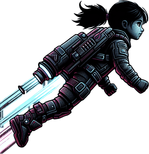 Horizontal Endless Runner Cyberpunk flying Kid with a jetpack.
Single Game Texture. In-Game asset. 2d. Blank background. High contrast. No shadows.