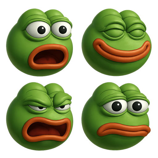 sprite sheet of Pepe the frog meme face with various exagerated facial expressions. each face shaped as a round marble shaped face made in blender 3D. arrange faces in a 2 by 2 grid