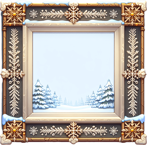 an empty painting with a winter styled frame Single Game Texture. In-Game asset. 2d. Blank background. High contrast. No shadows.