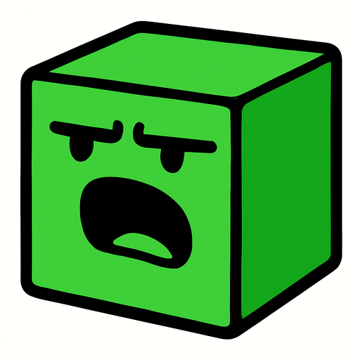 The cube of this game should be a type that says everything and does not like it, it should have no hands or feet, its color should be green and it should be 3D..
In-Game asset.  2d.  High contrast.  No shadows