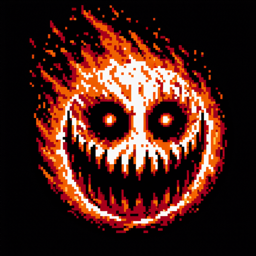 Burning ball shaped creepy grinning devil.
Single Game Texture. In-Game asset. 2d. Blank background. High contrast. No shadows. 8 bit