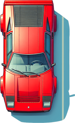 Carro rojo visto desde arriba.
Single Game Texture.  In-Game asset.  2d.  Blank background.  High contrast.  No shadows