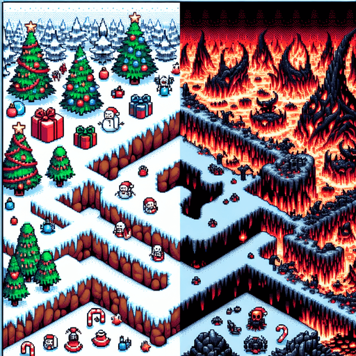 16 bit top view background of a christmas field set in hell Single Game Texture. In-Game asset. 2d. Blank background. High contrast. No shadows.