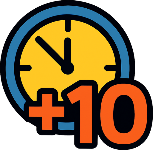 +10 inside of a clock icon.
In-Game asset.  2d.  High contrast.  No shadows