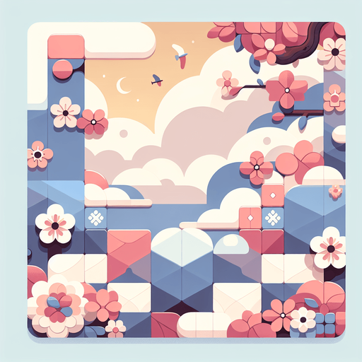 Background for relaxing puzzle game. Pastel colors, flat shaded, vector art. Flowers. Blocks. Relaxing. Clouds Single Game Texture. In-Game asset. 2d. Blank background. High contrast. No shadows.